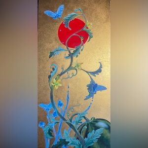 Original Surrealist Watermelon Mushroom Butterfly painting Art Gold Background